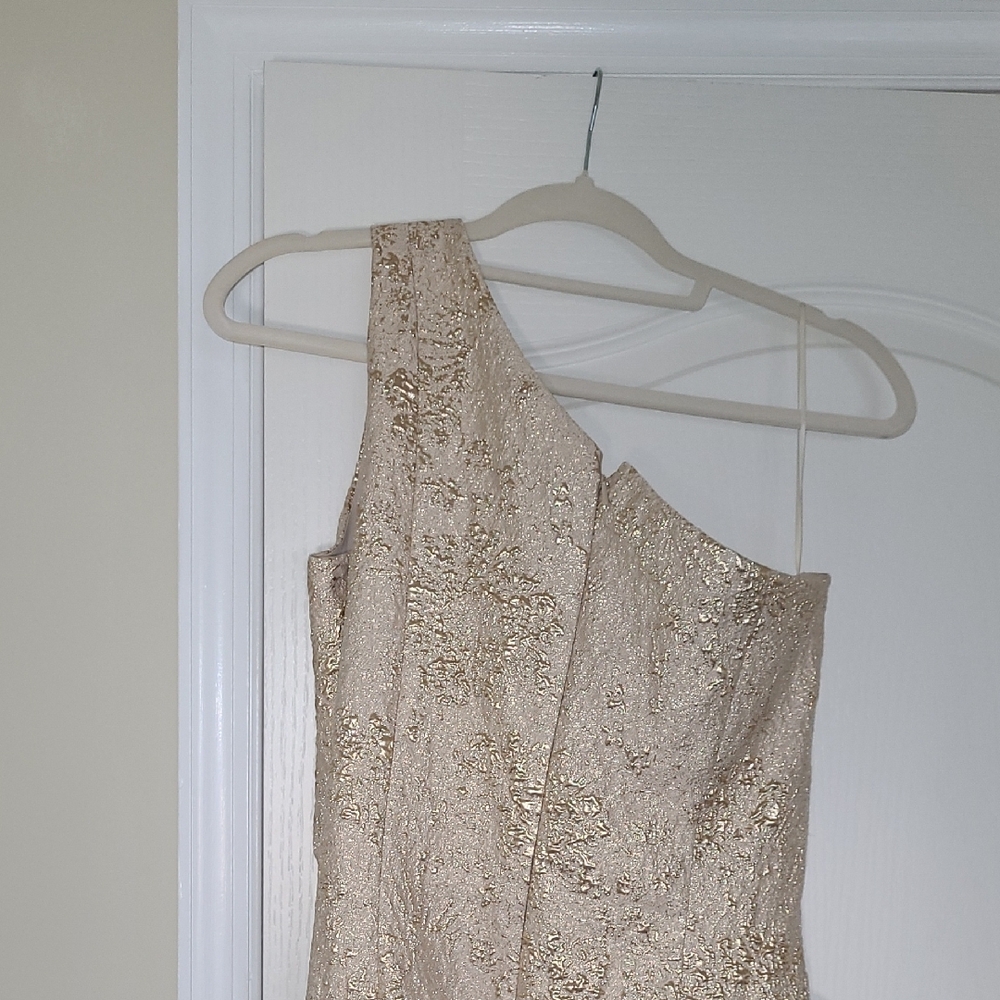 Teri Jon by Ricki Freeman One shoulder Asymmetrical Gold Dress - Picture 5 of 6